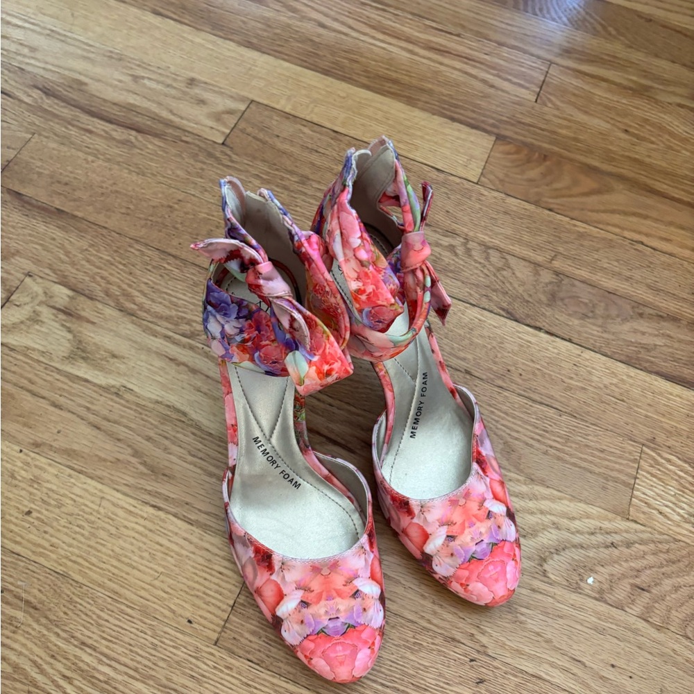 Impo Coral Pink Floral Ankle Tie Heels with Purple Accents